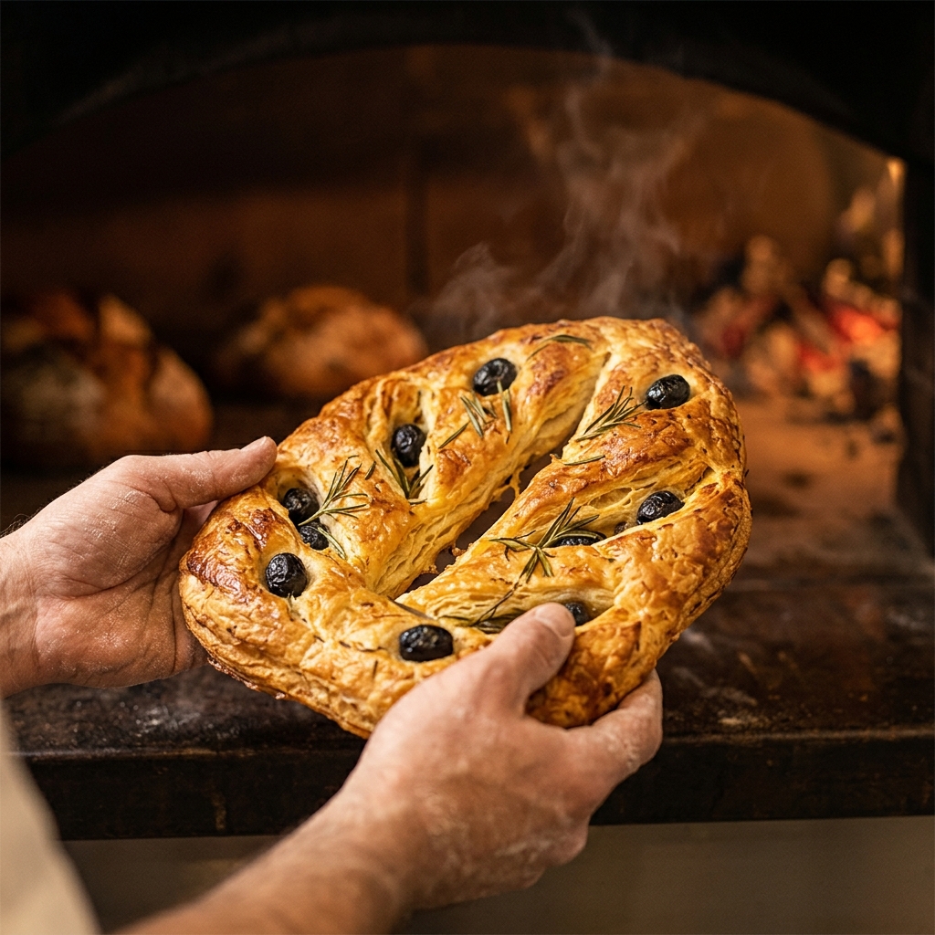 Fougasse dorée aux olives et au romarin sur une planche en bois