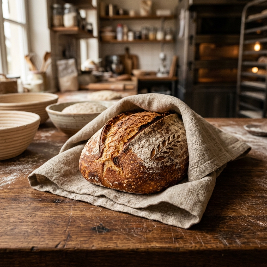 Miche de pain enveloppée dans un torchon en lin, posée sur une table